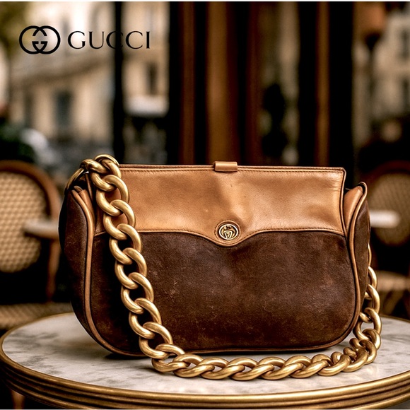 Authentic Gucci Vintage, Chocolate rugged textured, Caramel Leather Gold Chain - Picture 10 of 10